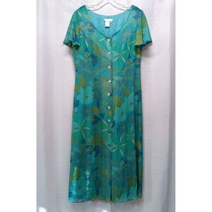 London Times Teal Green Shell Front Button Long Bell Sleeve Floral Dress Sz 8